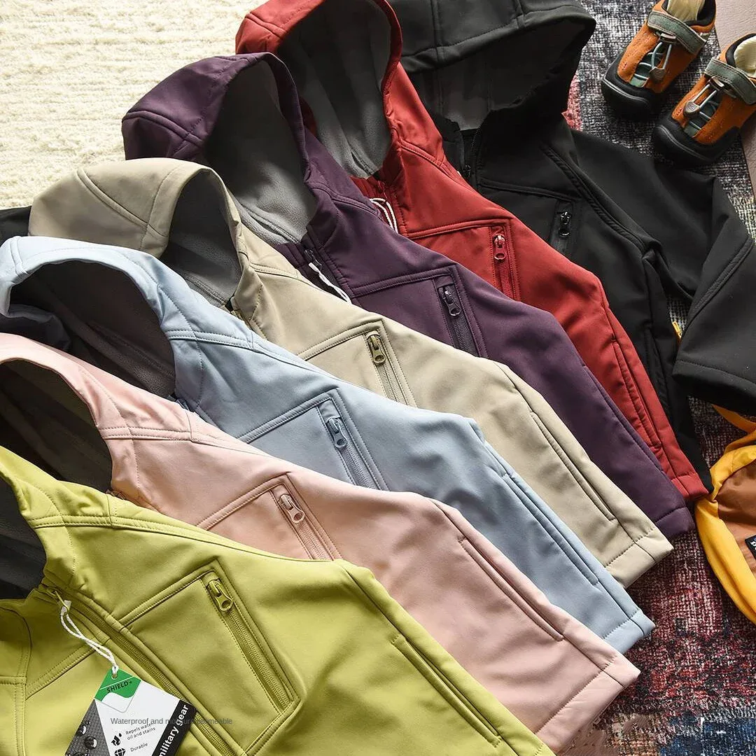 Kids' Hooded Softshell Jacket — Seven colourways, laid out
