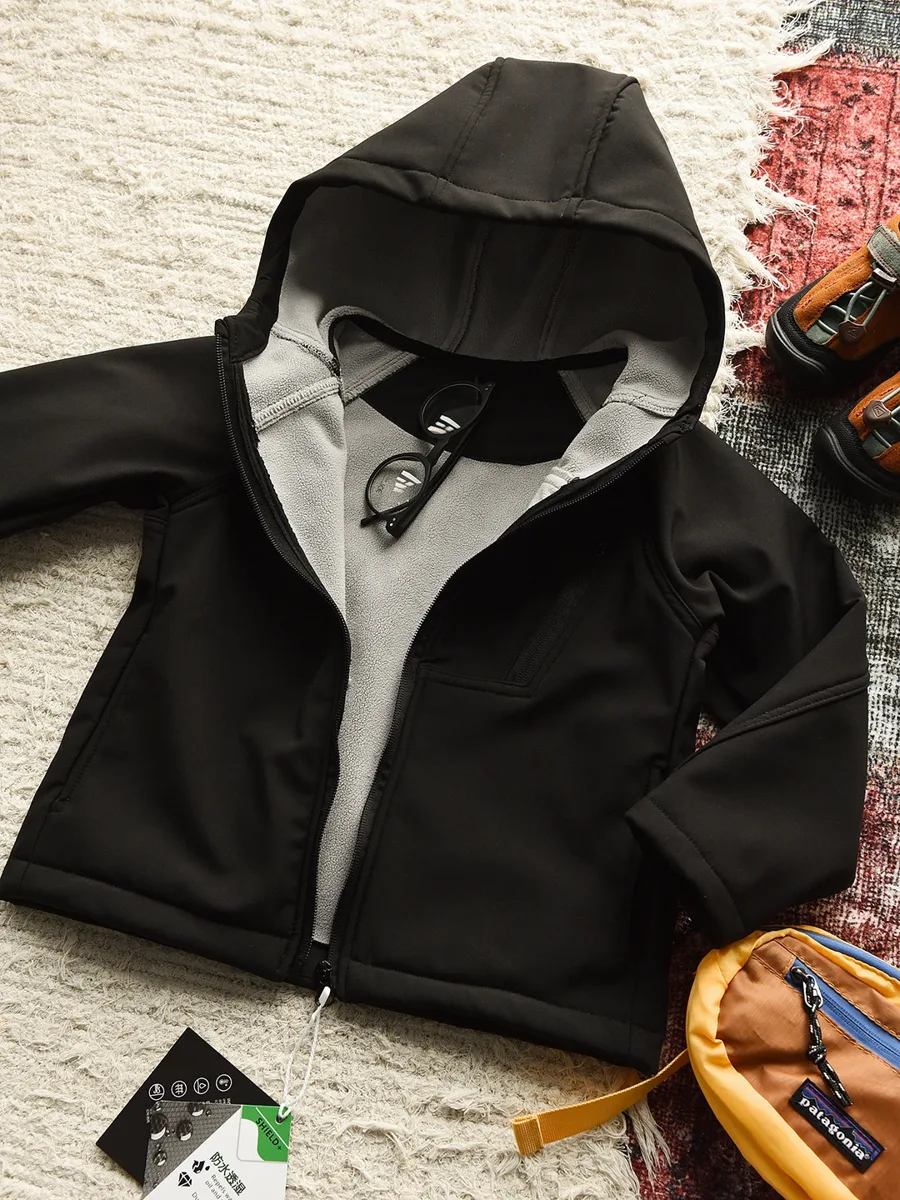 Kids' Hooded Softshell Jacket — Black, flat lay