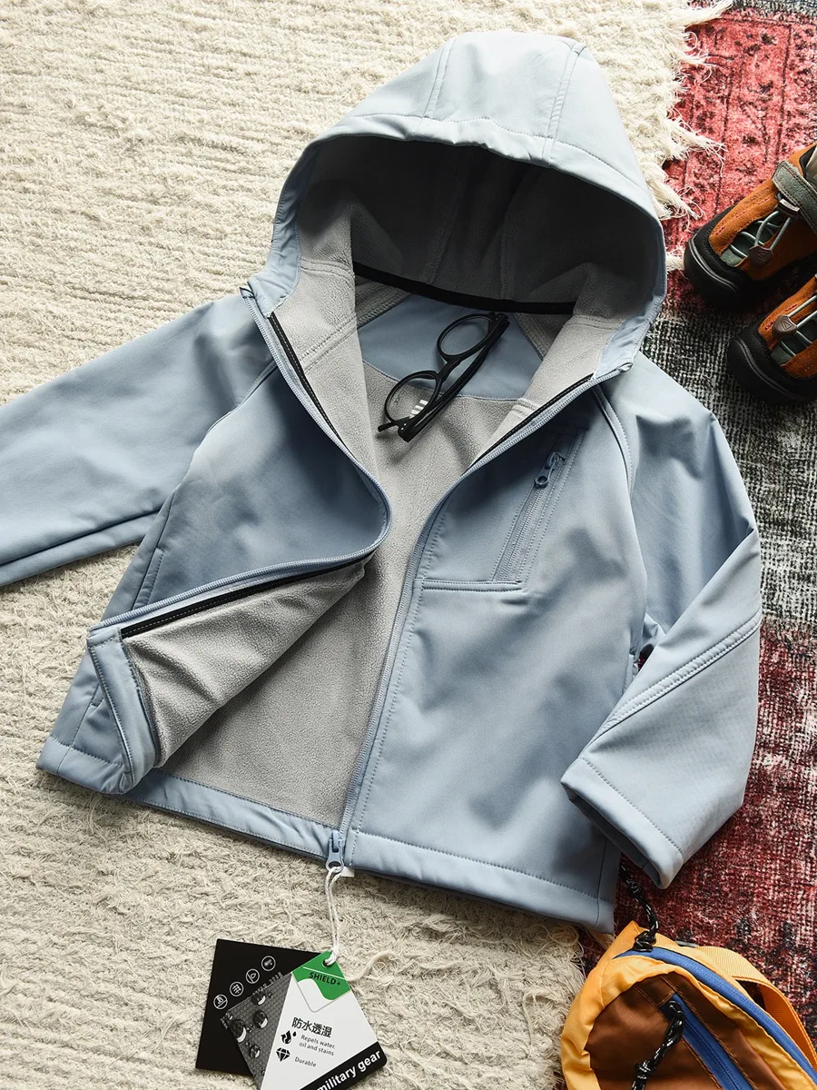 Kids' Hooded Softshell Jacket — Blue, flat lay