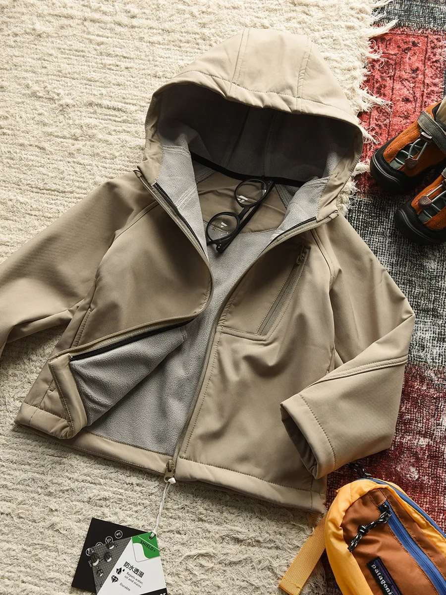 Kids' Hooded Softshell Jacket — Khaki, flat lay