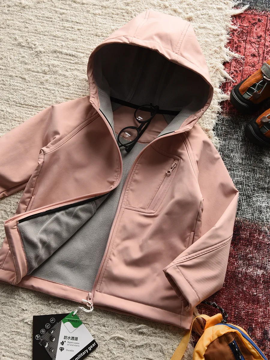 Kids' Hooded Softshell Jacket — Pink, flat lay