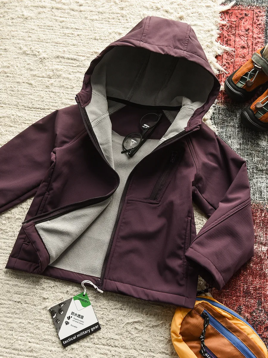 Kids' Hooded Softshell Jacket — Purple, flat lay