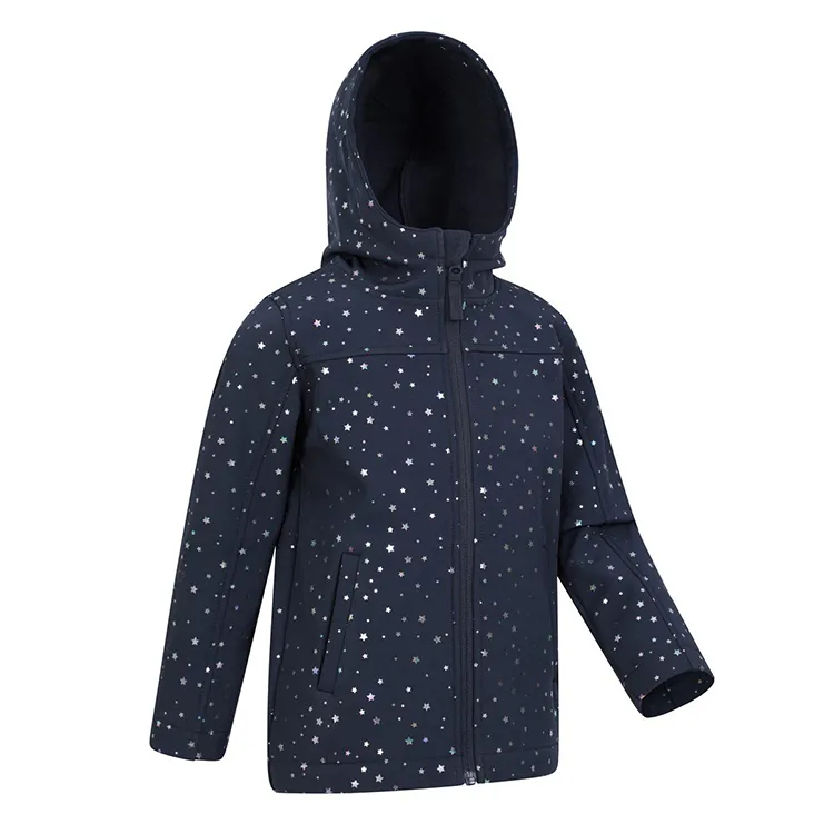 Kids’ Hooded Softshell Jacket — Navy Star Print — Navy Star Print, front view, hood up