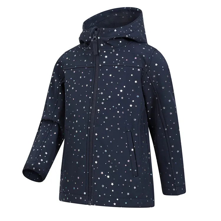 Kids’ Hooded Softshell Jacket — Navy Star Print — Navy Star Print, front view, hood down