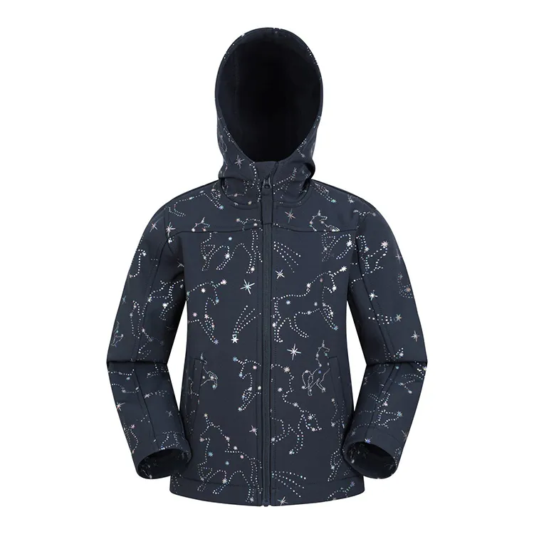 Kids’ Hooded Softshell Jacket — Navy Star Print — Navy Star Print, back view, hood up