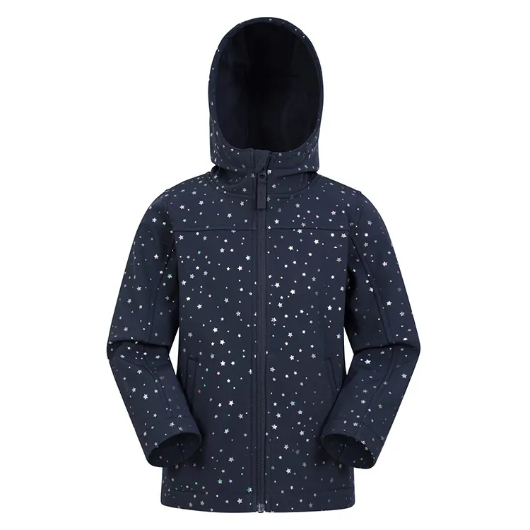 Kids’ Hooded Softshell Jacket — Navy Star Print — Navy Star Print, back view, hood down