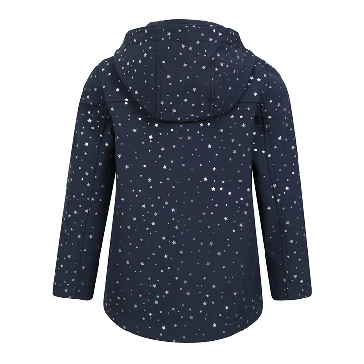 Kids’ Hooded Softshell Jacket — Navy Star Print — Navy Star Print, back angle view
