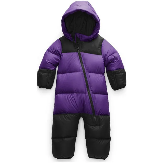 Kids’ insulated one-piece snowsuit with a waterproof, breathable coating in purple and black — front view