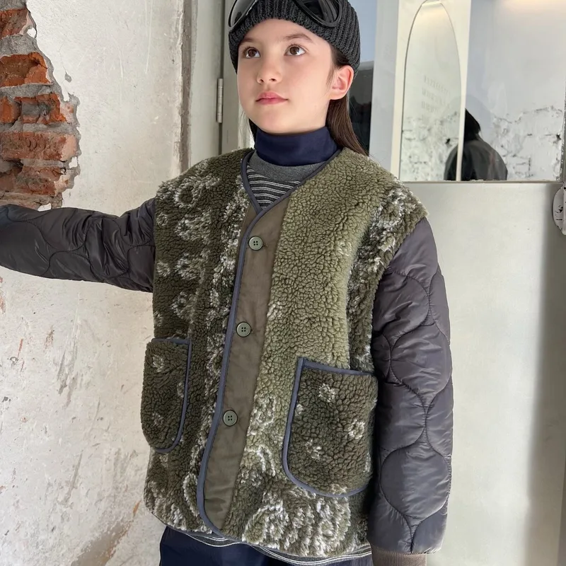 Kids' Jacquard Lamb-Wool Coat — Olive — Olive, worn front view