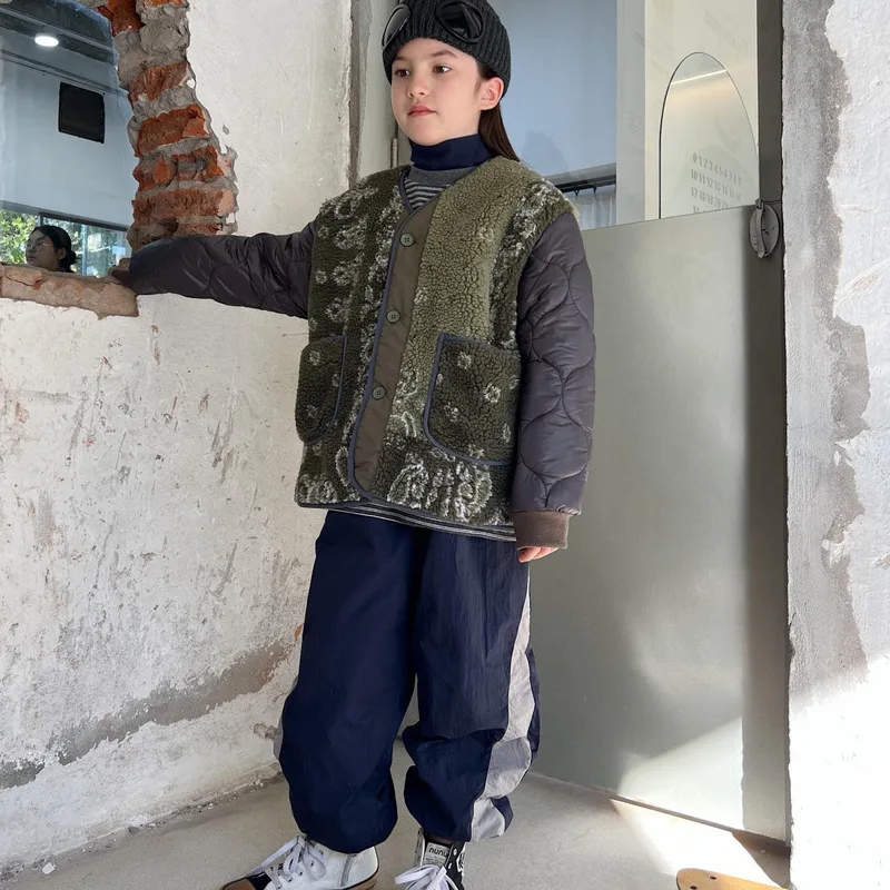 Kids' Jacquard Lamb-Wool Coat — Olive — Olive, worn full view