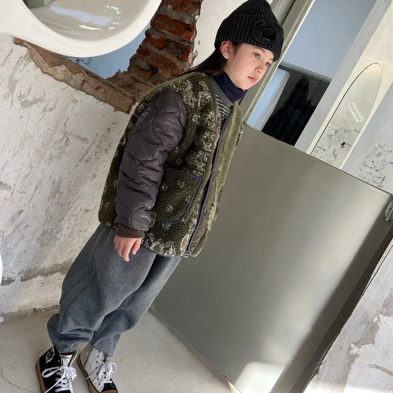Kids' Jacquard Lamb-Wool Coat — Olive — Olive, worn side view