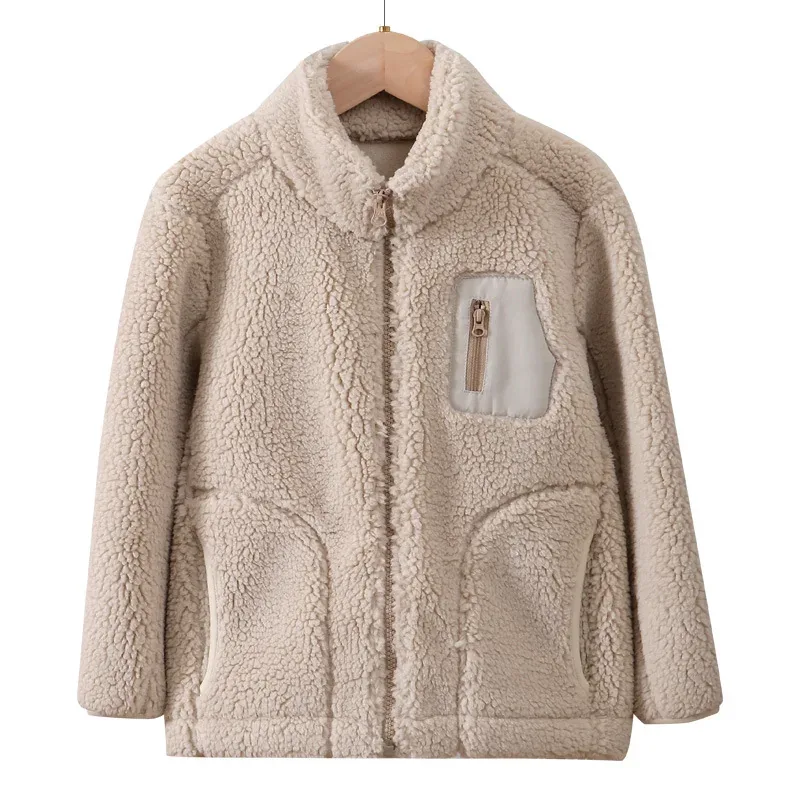 Kids' Lamb Fleece Zip Jacket — 6 Colourways — Light Coffee, front view on hanger