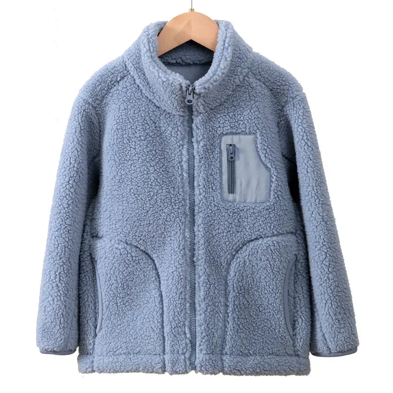 Kids' Lamb Fleece Zip Jacket — 6 Colourways — Blue, front view on hanger