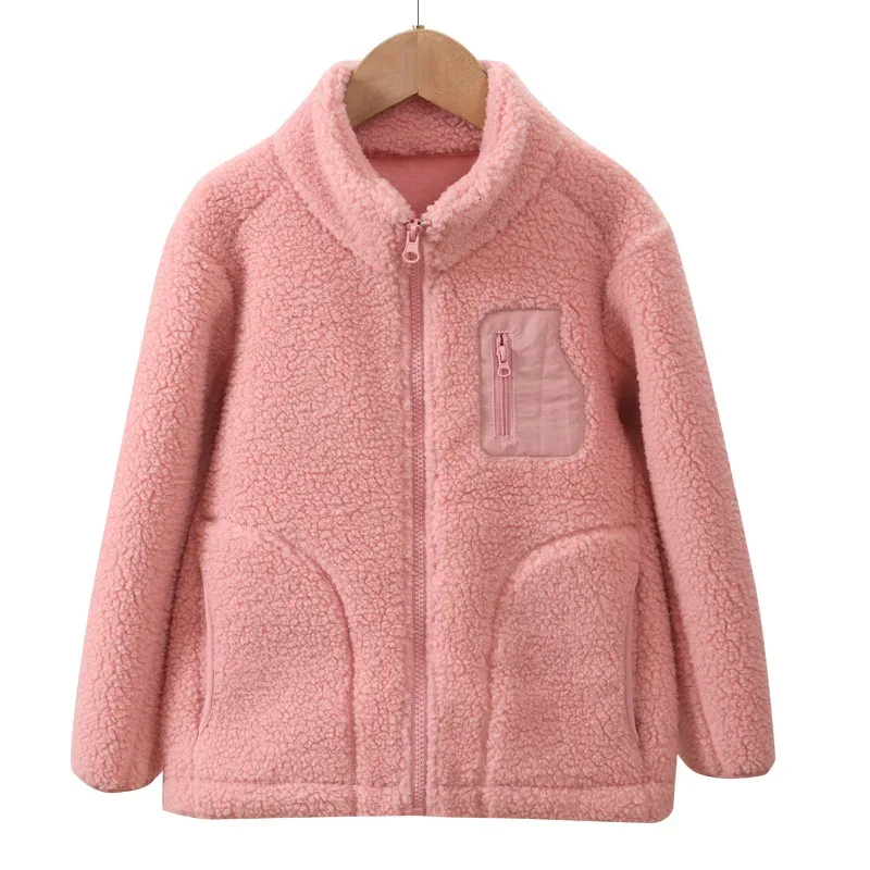 Kids' Lamb Fleece Zip Jacket — 6 Colourways — Pink, front view on hanger