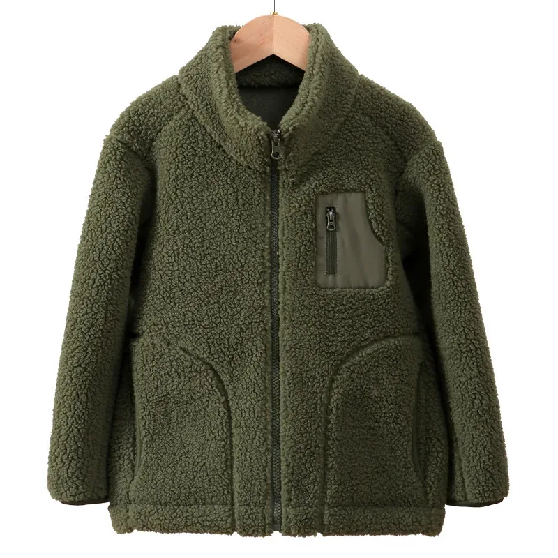 Kids' Lamb Fleece Zip Jacket — 6 Colourways — Army Green, front view on hanger