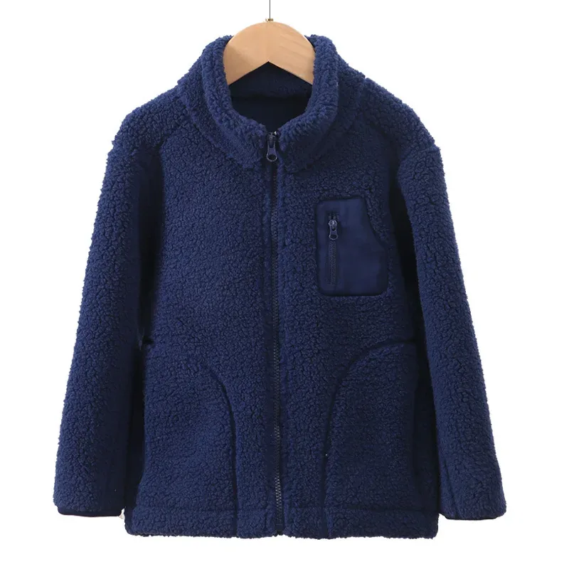Kids' Lamb Fleece Zip Jacket — 6 Colourways — Navy, front view on hanger