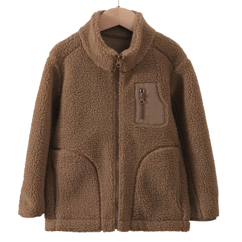 Kids' Lamb Fleece Zip Jacket — 6 Colourways — Dark Coffee, front view on hanger