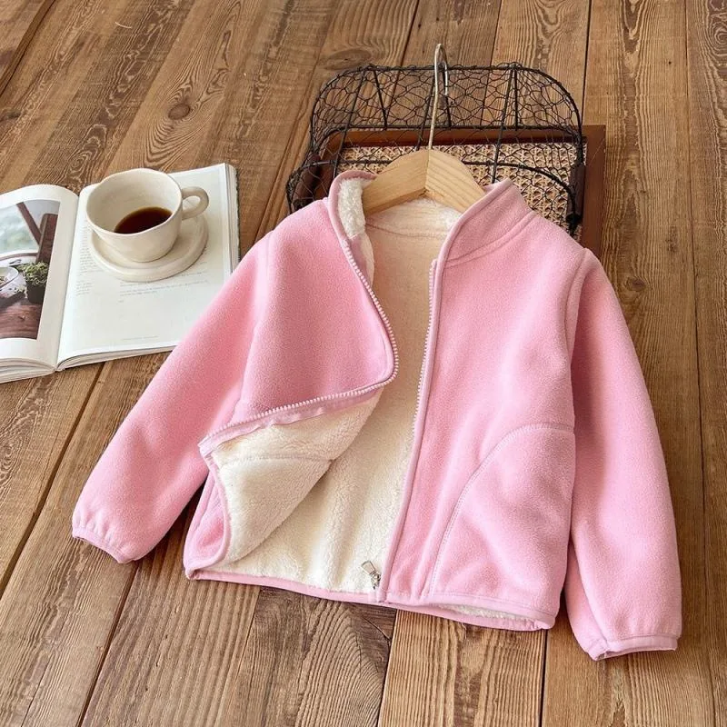 Kids' Longline Fleece-Lined Zip Jacket — 4 Colourways — Pink, open front showing lining