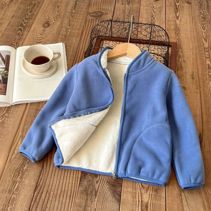 Kids' Longline Fleece-Lined Zip Jacket — 4 Colourways — Blue, open front showing lining