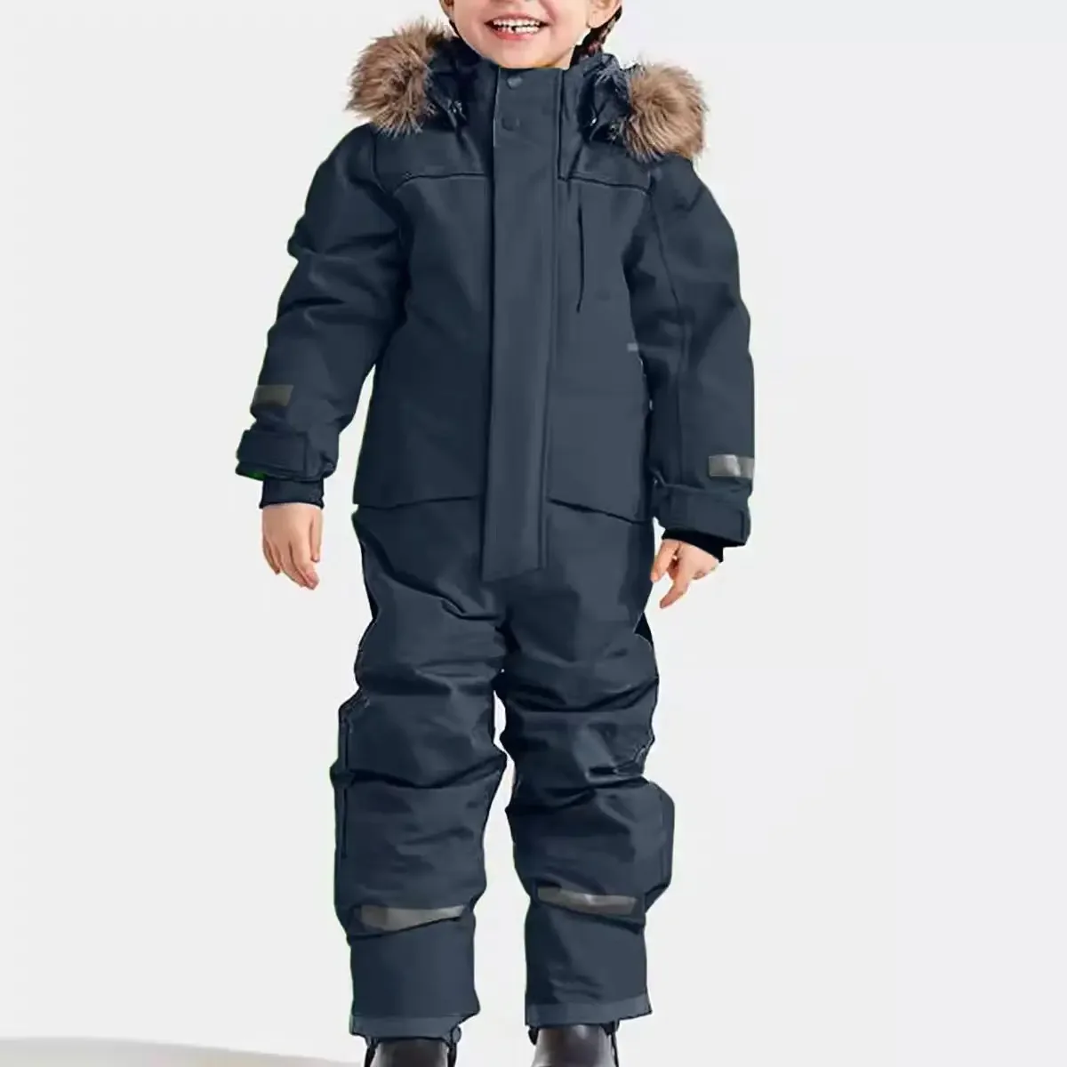 Kids' luminous one-piece ski suit — Navy Blue, on model