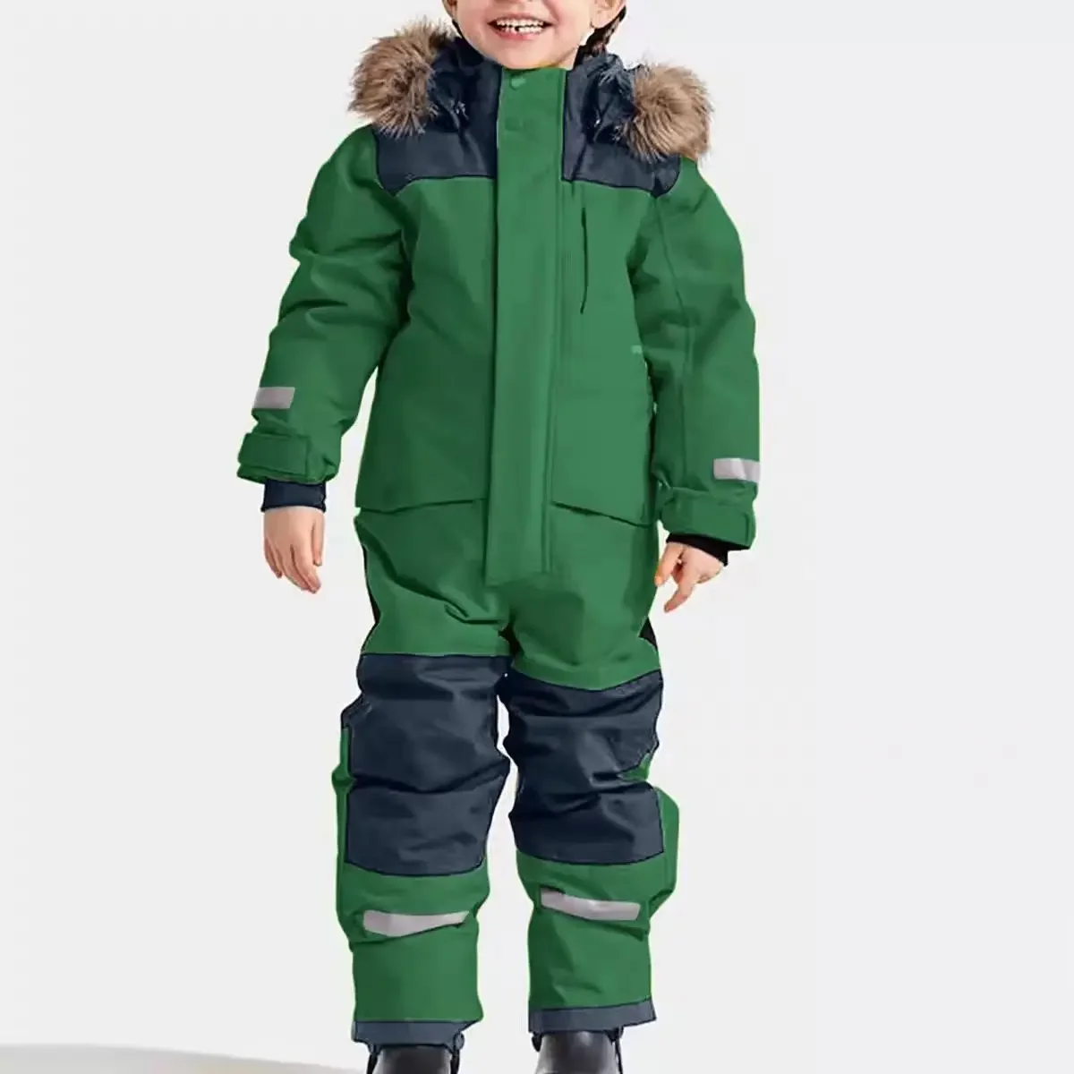 Kids' luminous one-piece ski suit — Green, on model