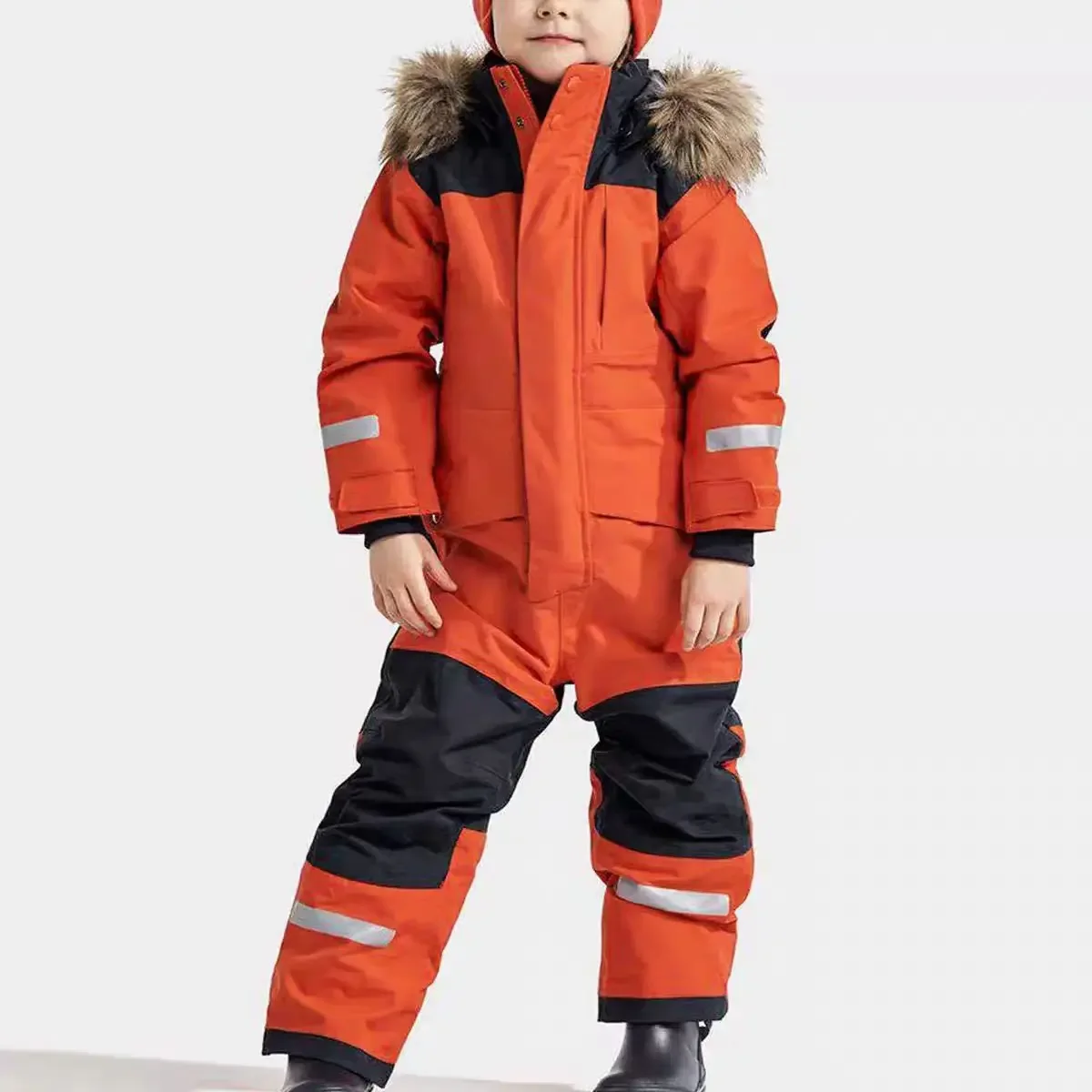 Kids' luminous one-piece ski suit — Orange Red, on model