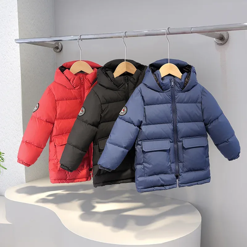 Kids' Mid-Length Hooded Down Jacket — All three colourways, on hangers
