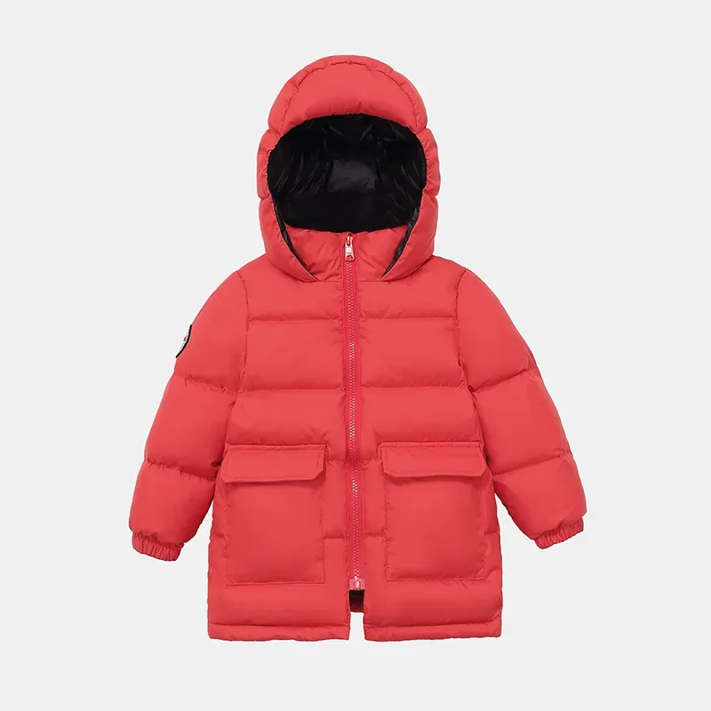 Kids' Mid-Length Hooded Down Jacket — Red, front