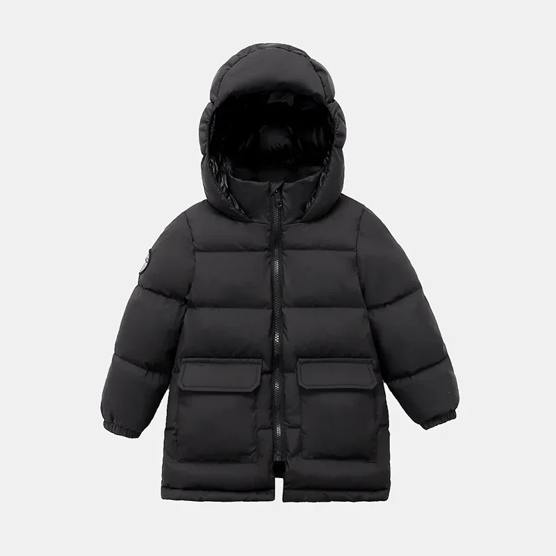 Kids' Mid-Length Hooded Down Jacket — Black, front