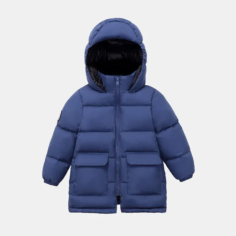 Kids' Mid-Length Hooded Down Jacket — Navy Blue, front