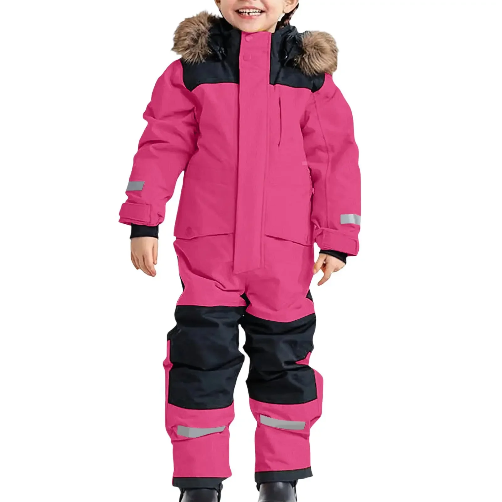 Kids' one-piece ski suit — Rose Red, on model