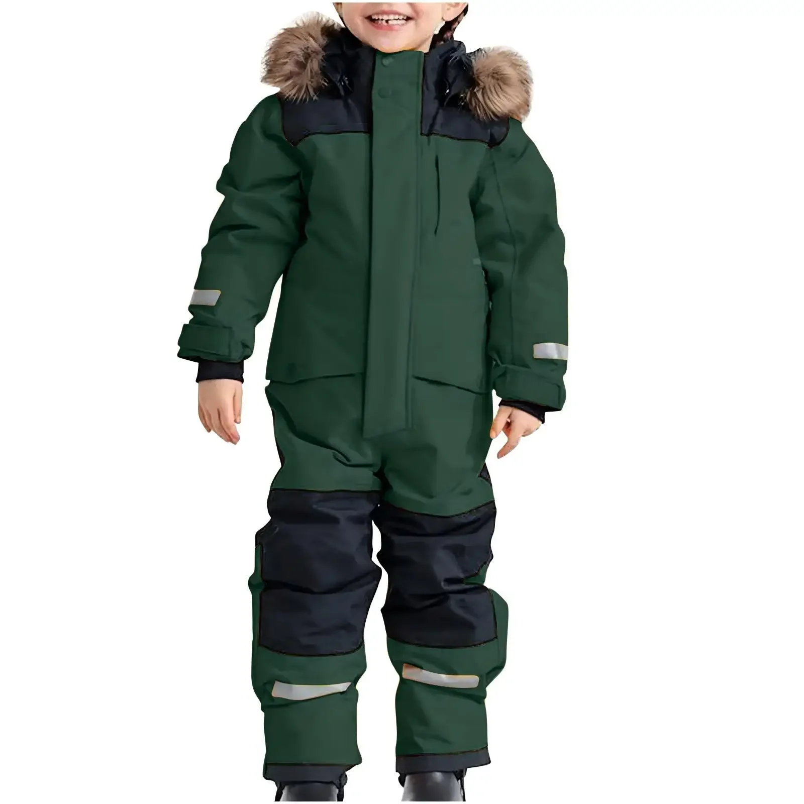 Kids' one-piece ski suit — Dark Green, on model