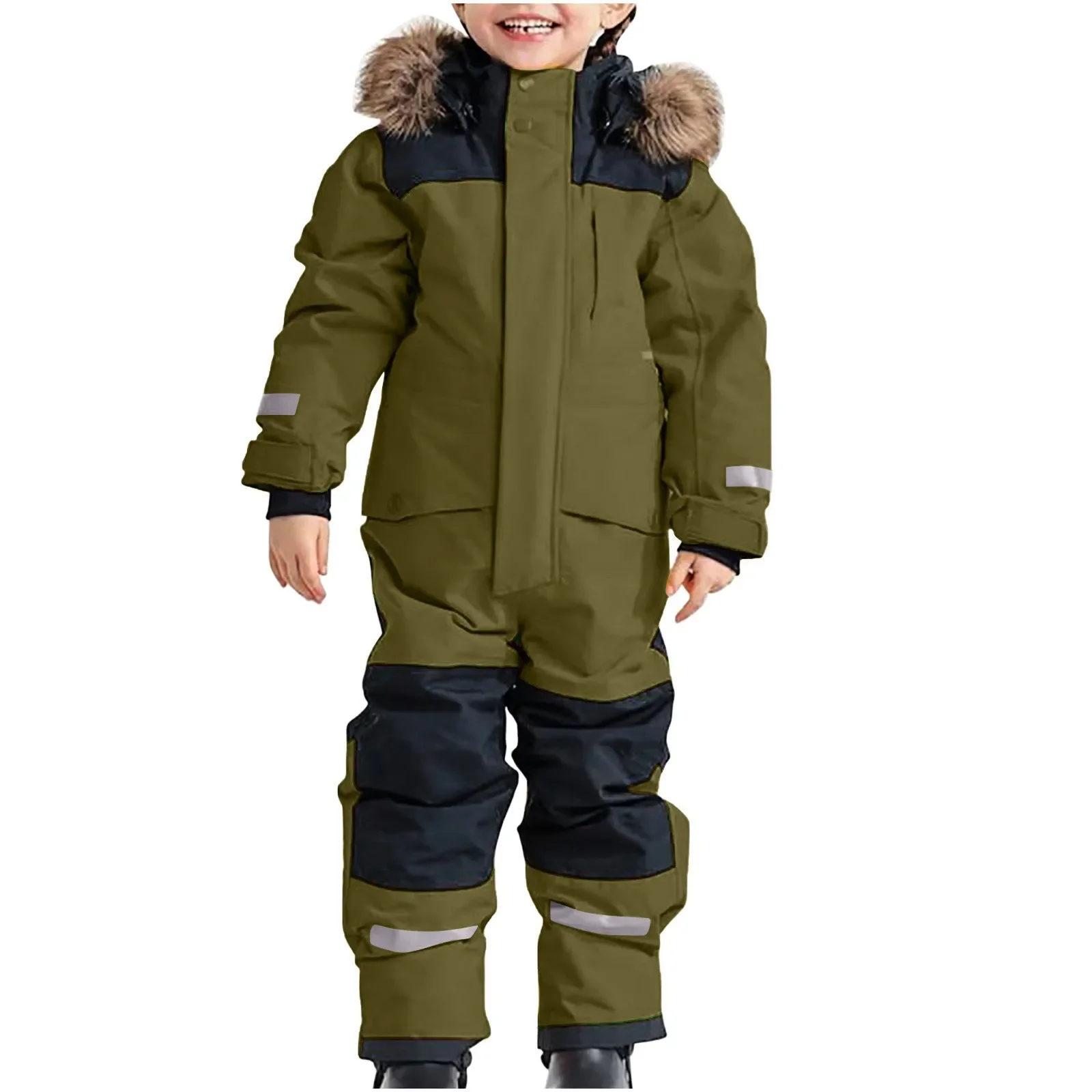 Kids' one-piece ski suit — Army Green, on model