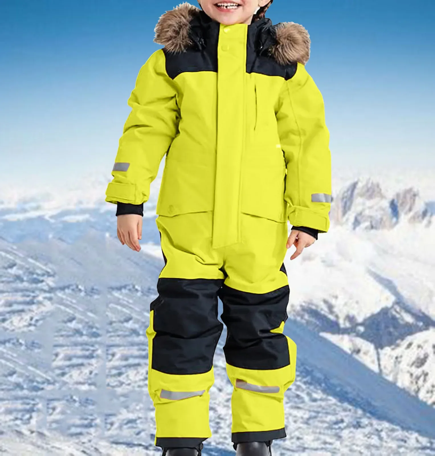 Kids' one-piece ski suit — Fluorescent Yellow, on model