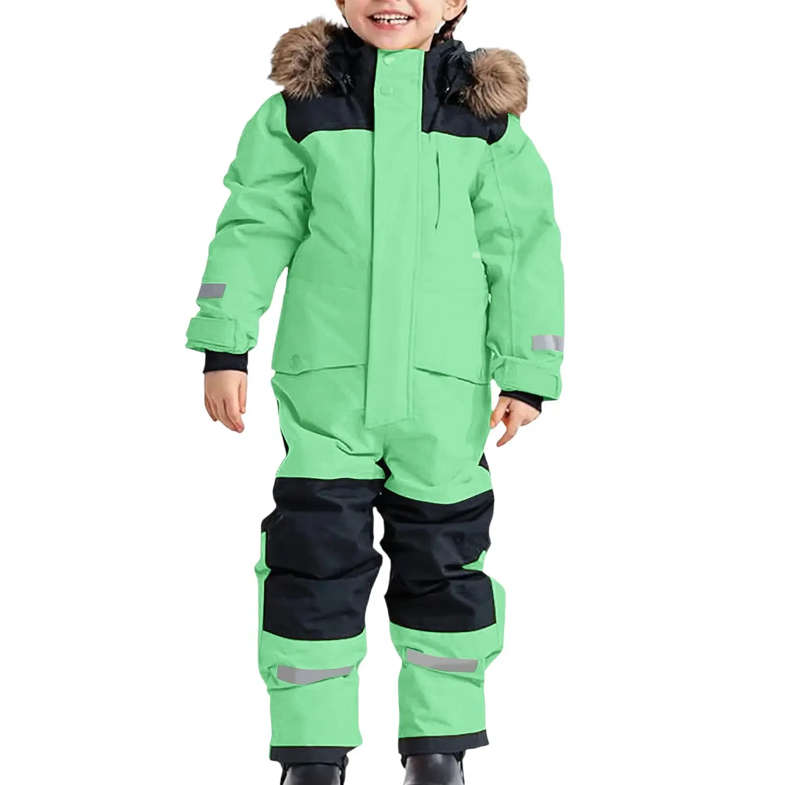 Kids' one-piece ski suit — Light Green, on model