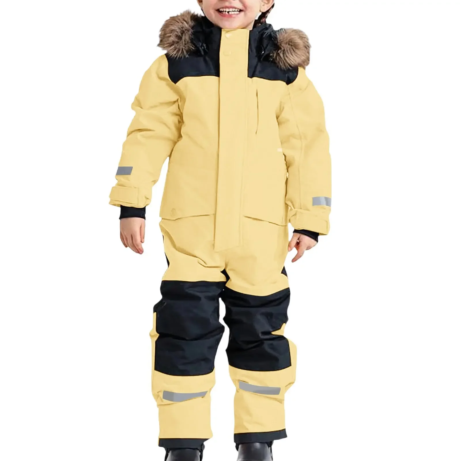 Kids' one-piece ski suit — Lemon Yellow, on model