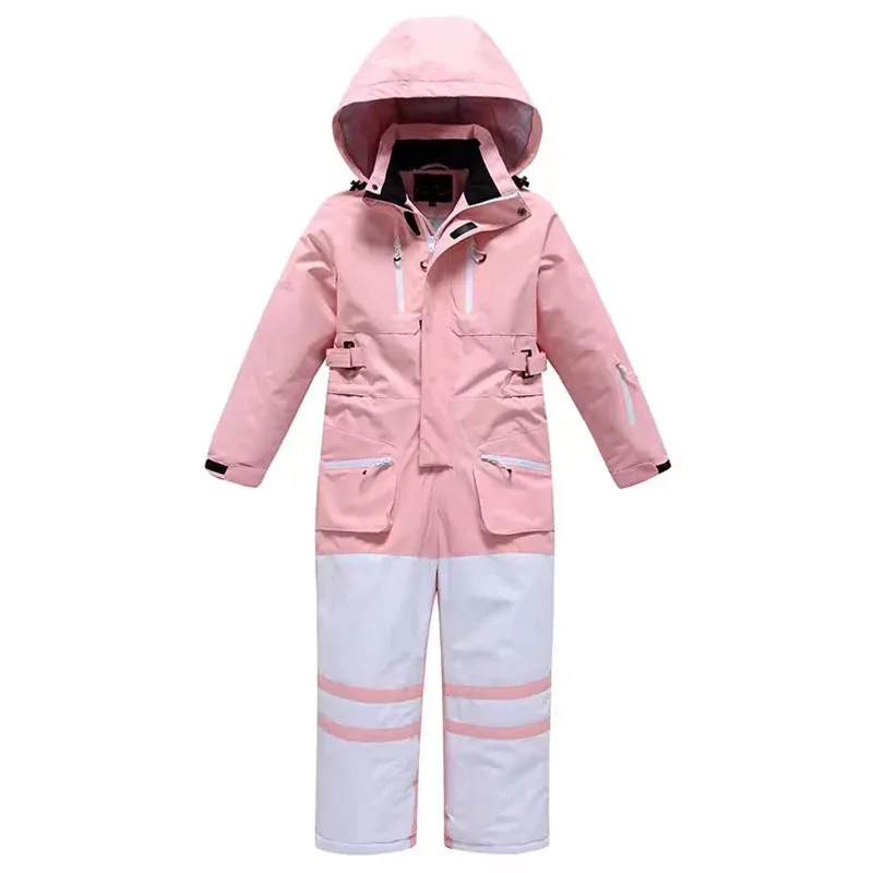 Kids' One-Piece Snowsuit — Reflective — 7 Colourways — Pink & White, hanging flat view