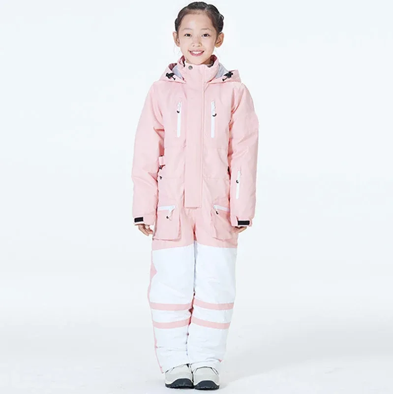 Kids' One-Piece Snowsuit — Reflective — 7 Colourways — Pink & White, single kid, front view