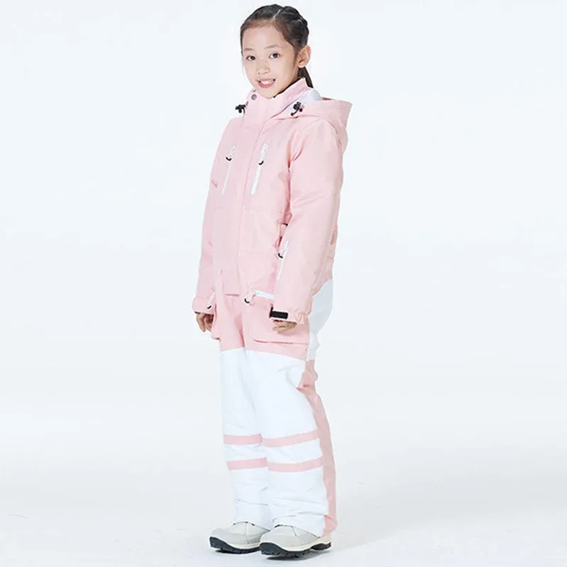 Kids' One-Piece Snowsuit — Reflective — 7 Colourways — Pink & White, single kid, side view
