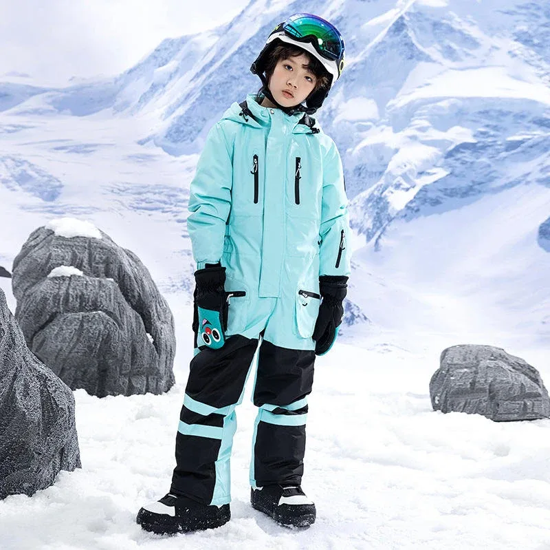Kids' One-Piece Snowsuit — Reflective — 7 Colourways — Mint & Black, single kid, outdoor snow view