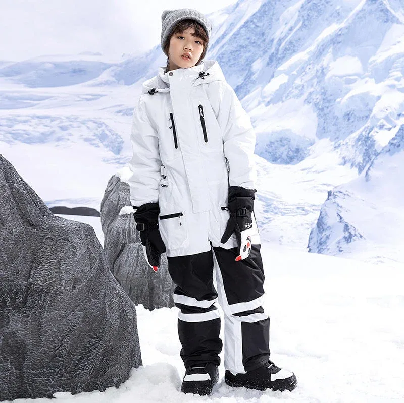 Kids' One-Piece Snowsuit — Reflective — 7 Colourways — White & Black, single kid, outdoor snow view