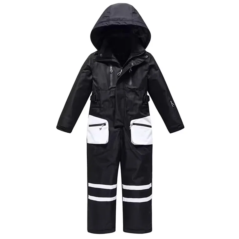 Kids' One-Piece Snowsuit — Reflective — 7 Colourways — Black, hanging flat view