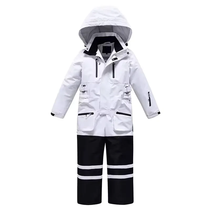 Kids' One-Piece Snowsuit — Reflective — 7 Colourways — White & Black, hanging flat view