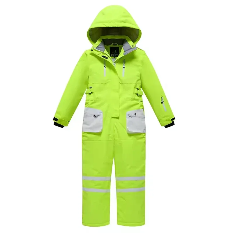 Kids' One-Piece Snowsuit — Reflective — 7 Colourways — Lime Green, hanging flat view