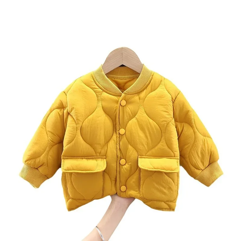 Kids' Onion-Quilted Jacket — Yellow, front on hanger