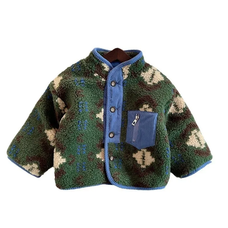 Kids' Patterned Fleece Button Jacket — 3 Colourways — Green, front view on white