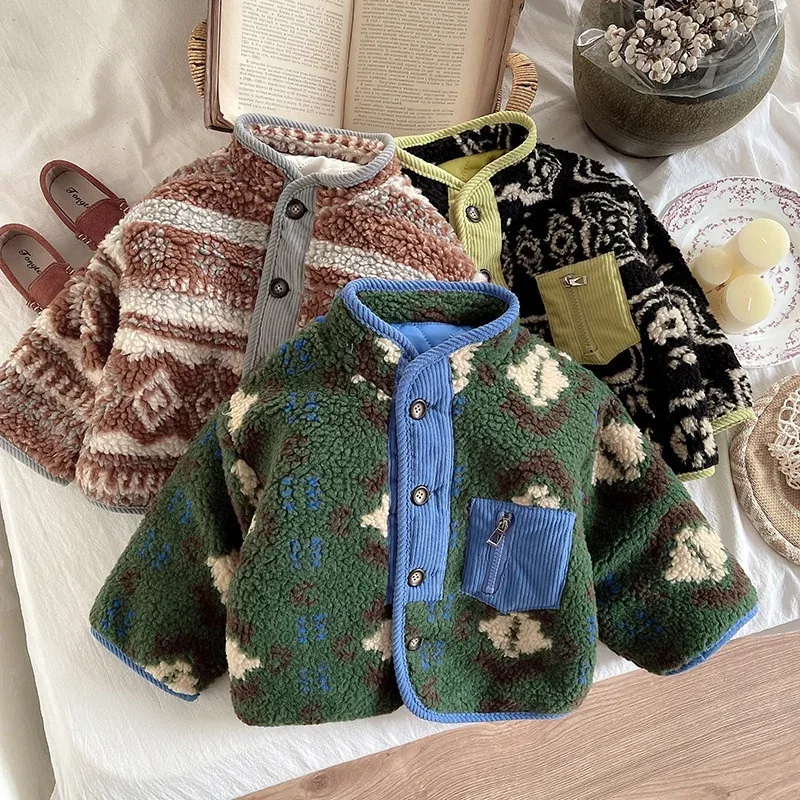 Kids' Patterned Fleece Button Jacket — 3 Colourways — Three colourways, flat lay