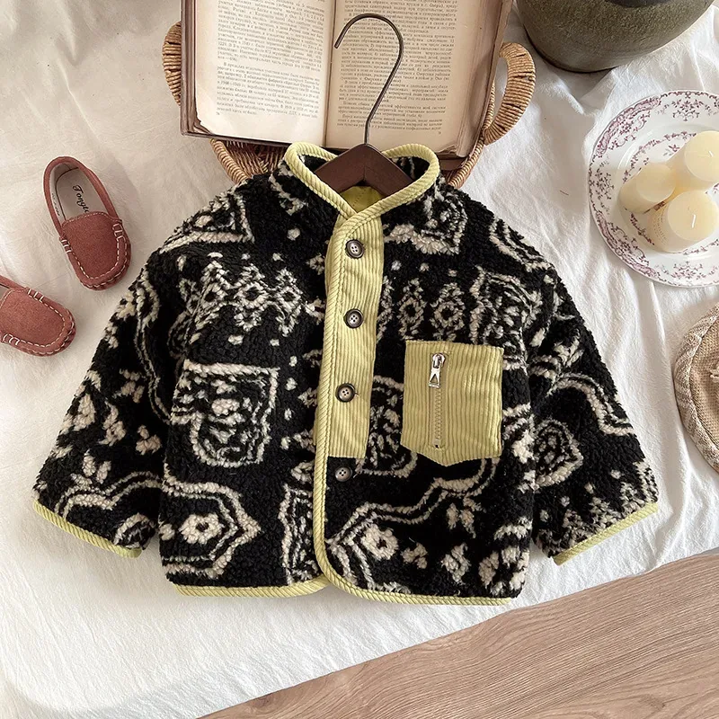 Kids' Patterned Fleece Button Jacket — 3 Colourways — Black, flat lay