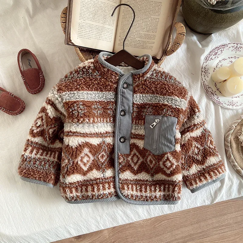 Kids' Patterned Fleece Button Jacket — 3 Colourways — Caramel, flat lay