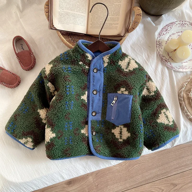 Kids' Patterned Fleece Button Jacket — 3 Colourways — Green, flat lay